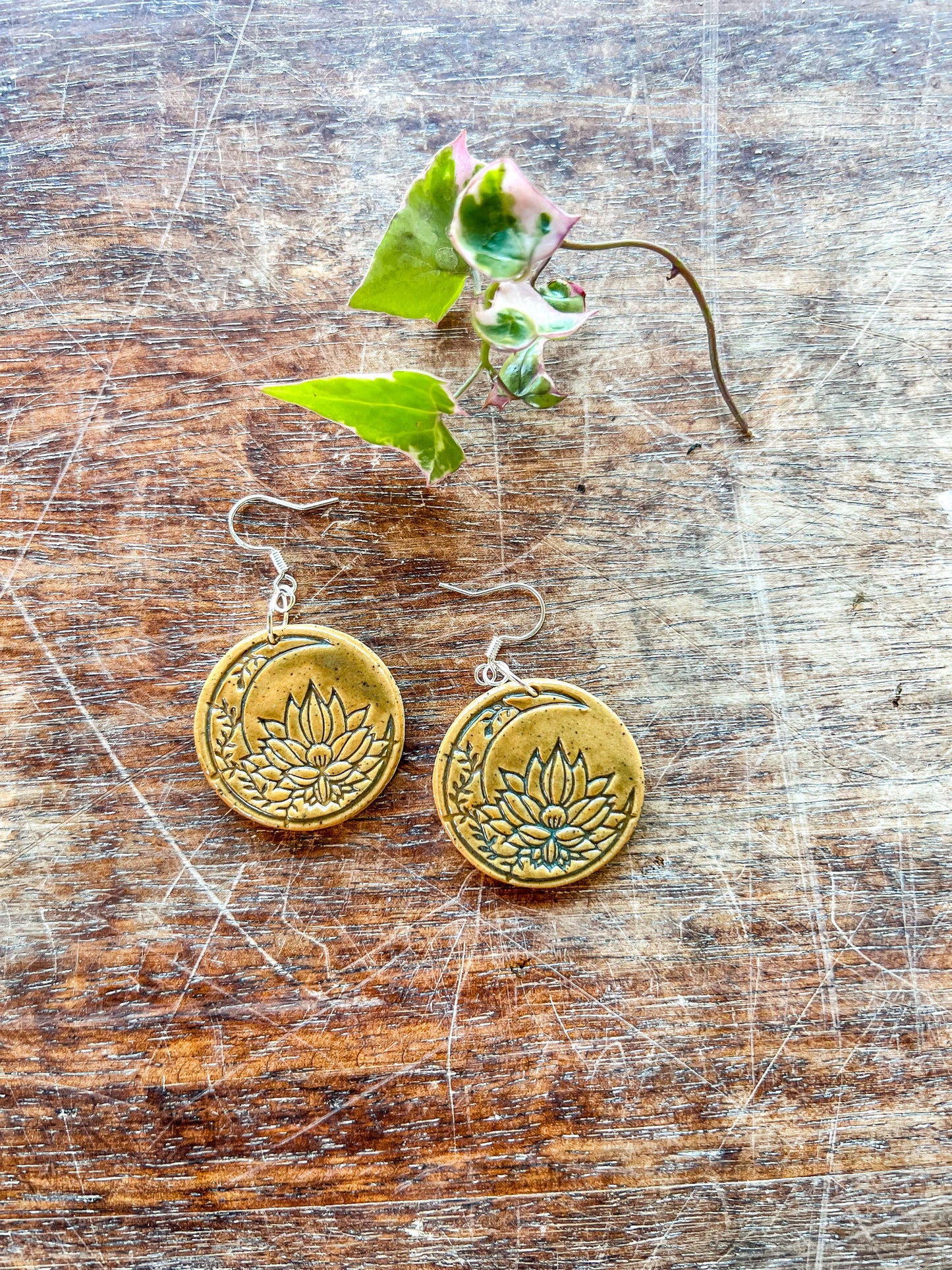 Ceramic Earrings - Boho Moon with Lotus flower