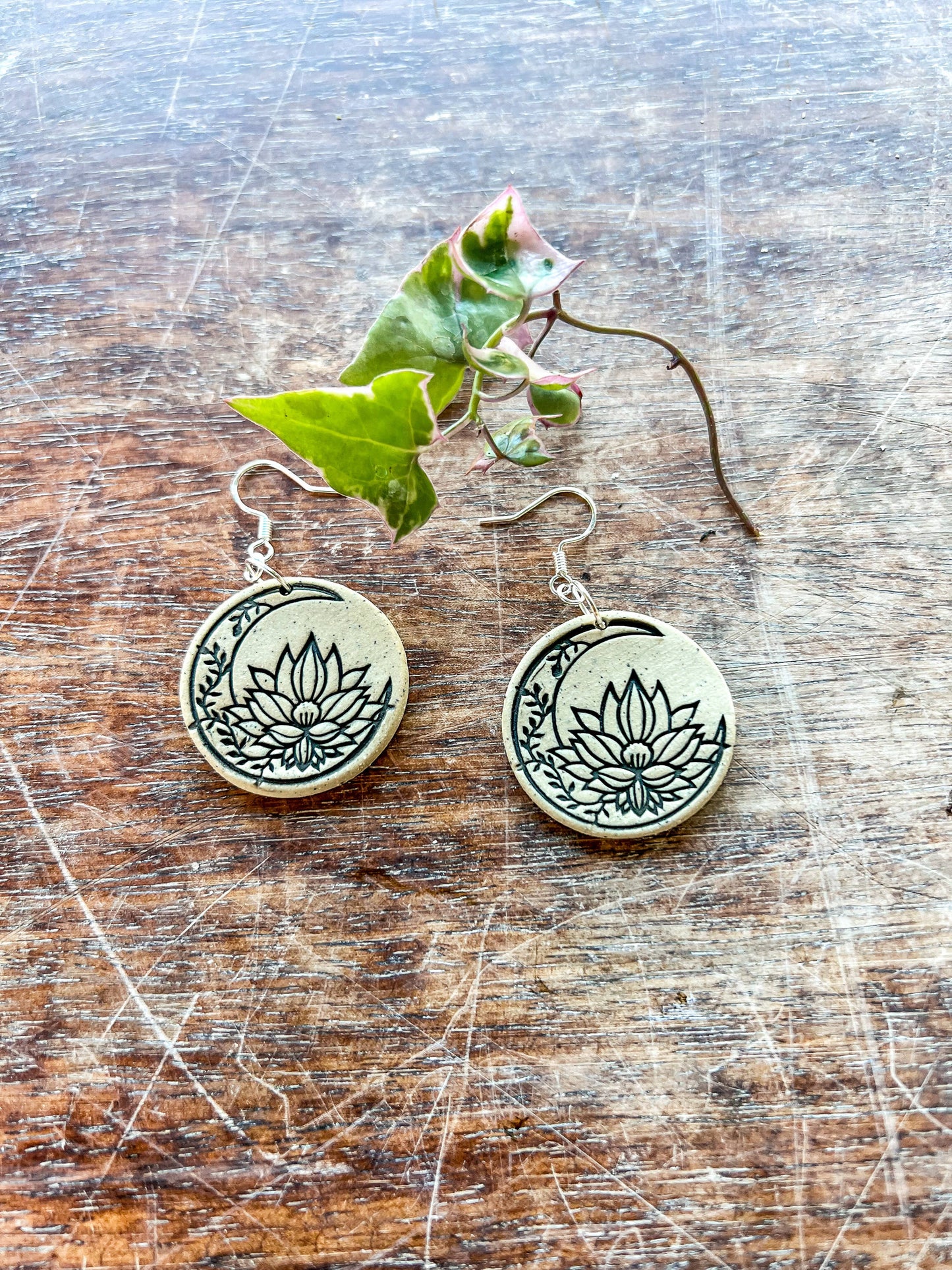 Ceramic Earrings - Boho Moon with Lotus flower