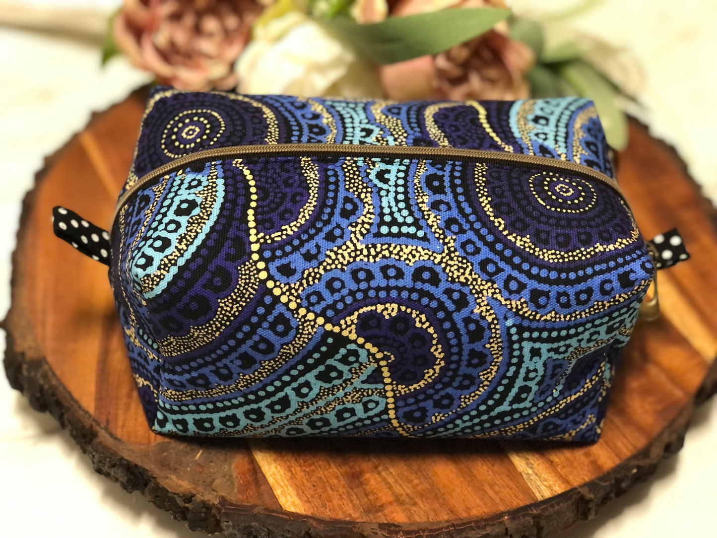 Blue Indigenous Design Box Makeup Bag Pouch. Fully lined. Handmade in Australia