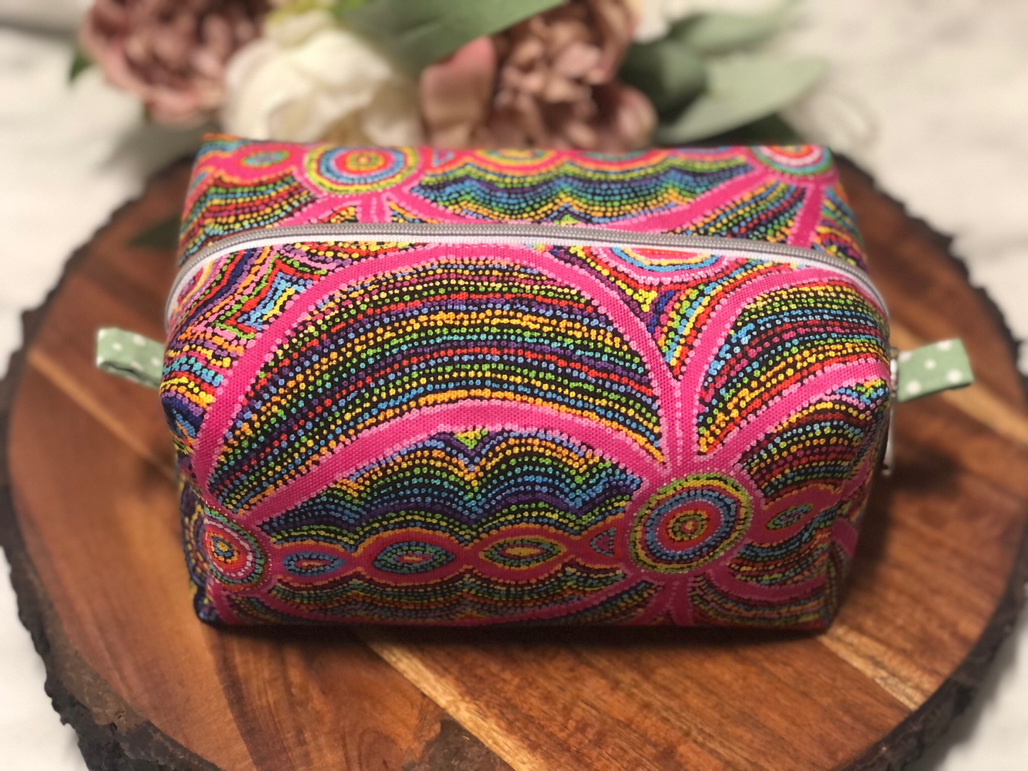 Pink Indigenous Design Box Makeup Bag Pouch. Fully lined. Handmade in Australia