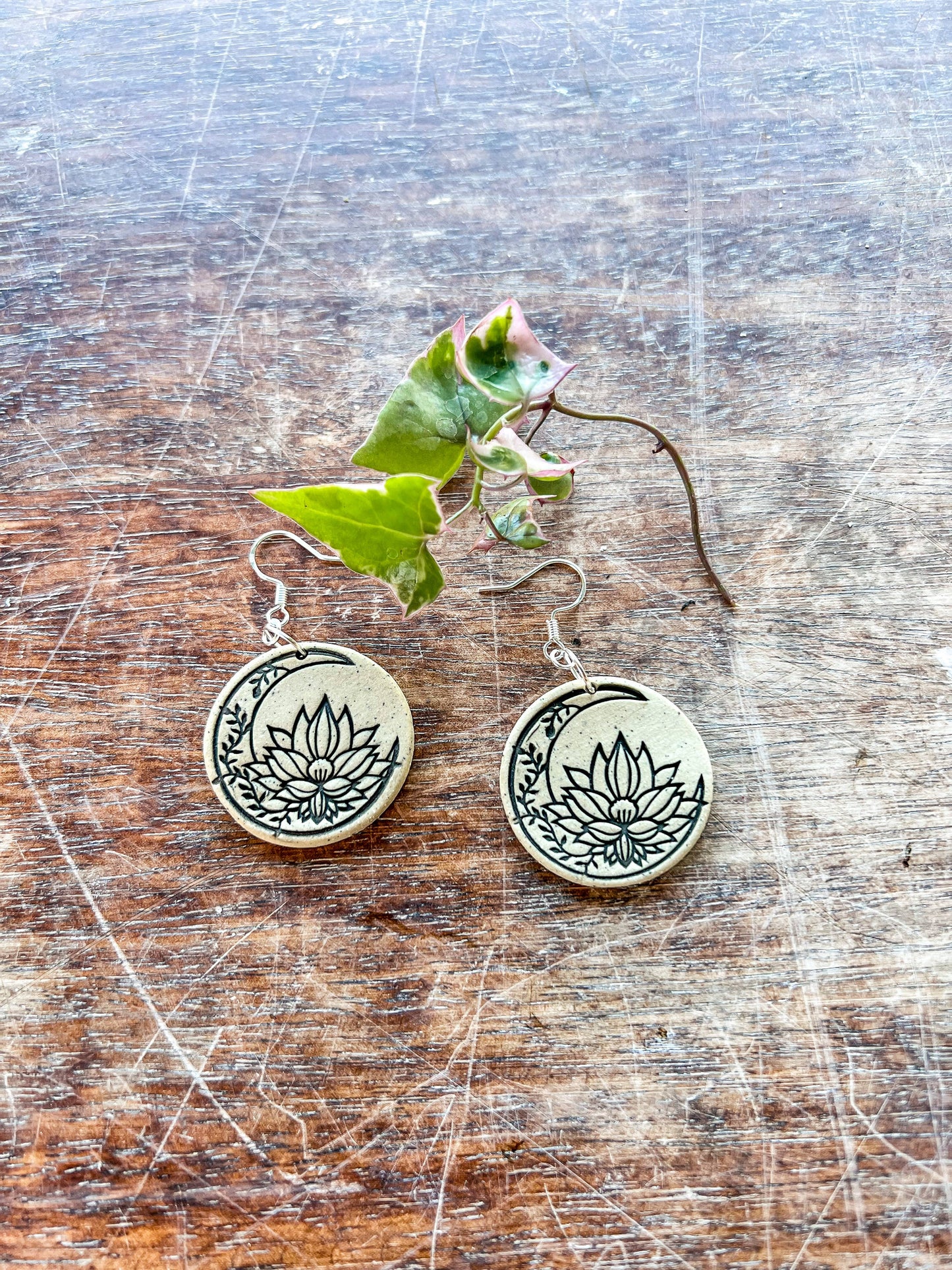 Ceramic Earrings - Boho Moon with Lotus flower