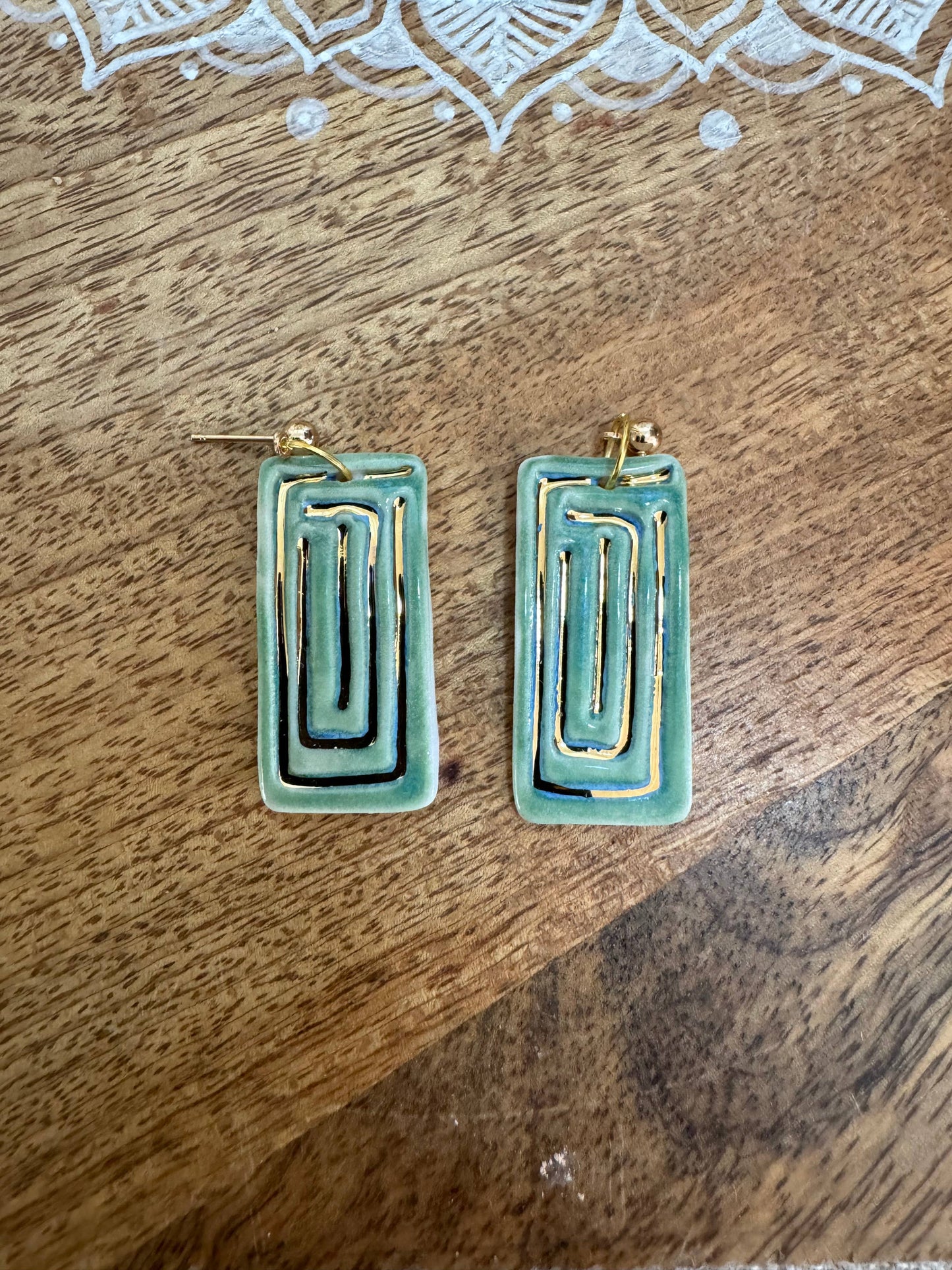 Ceramic Earrings - Rectangle with Gold