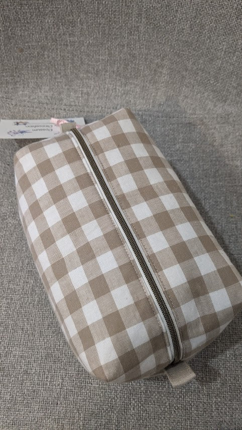 Gingham Neutral Large Boxy Makeup Bag Pouch. Fully lined. Handmade in Australia