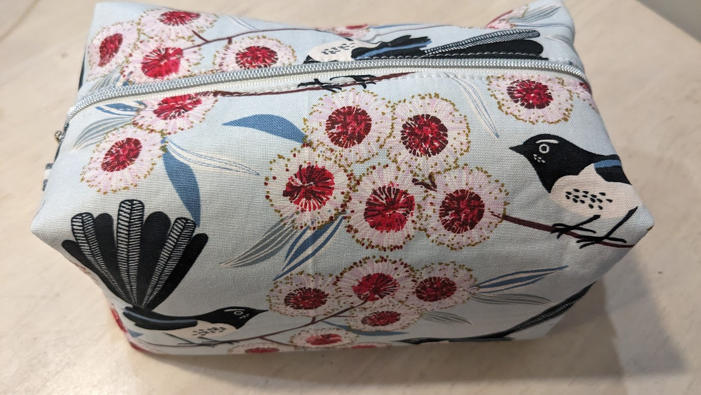 Wagtail Boxy Makeup Bag Pouch. Fully lined. Handmade in Australia