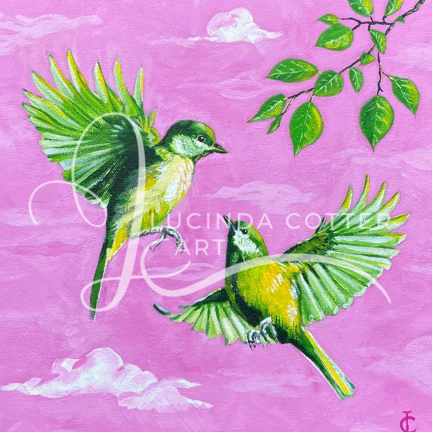 Green Birds in a Pink Sky Premium Greeting Card