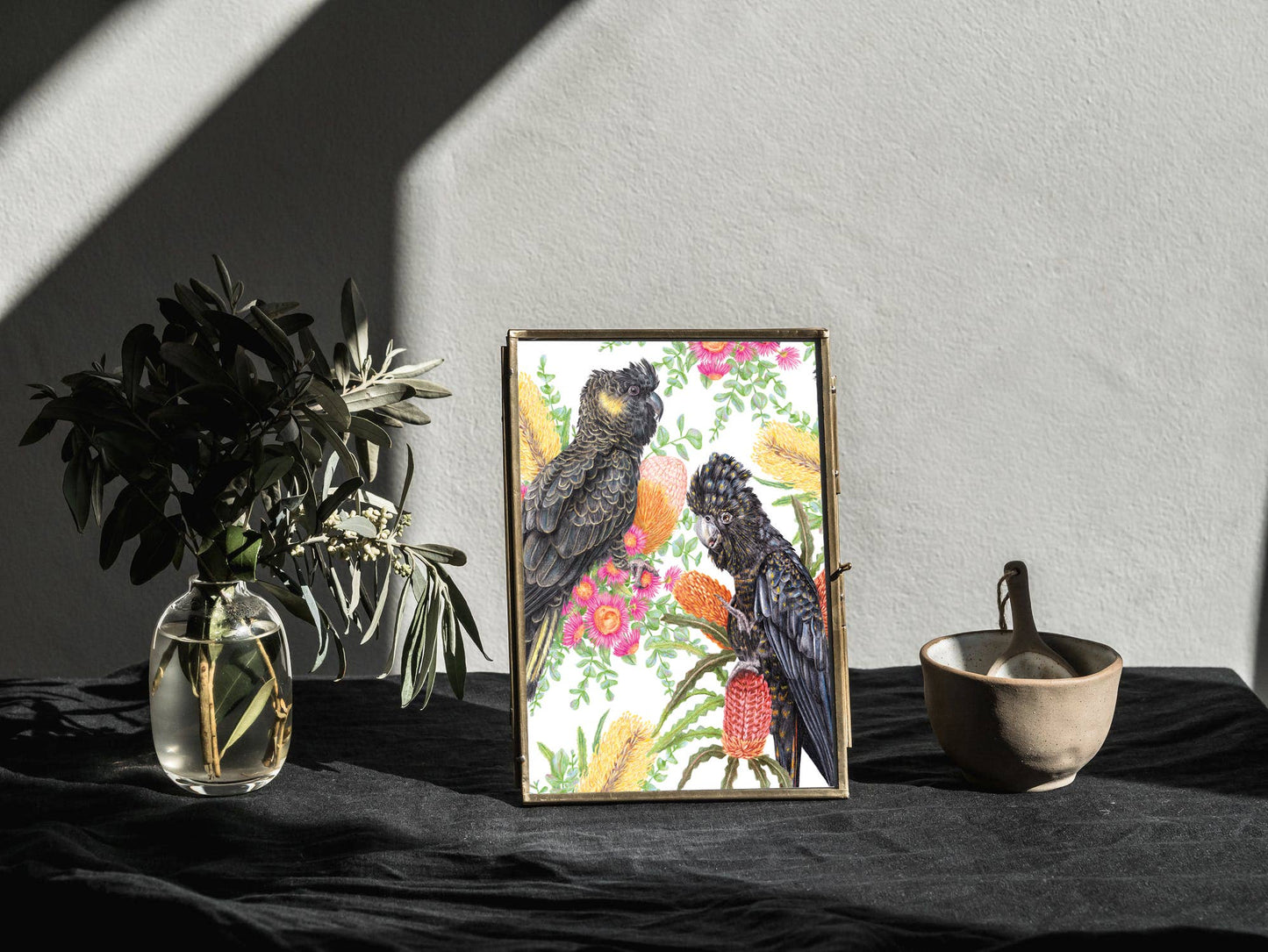 Black Cockatoos - 'Blooming Hues' Linen Art Print
