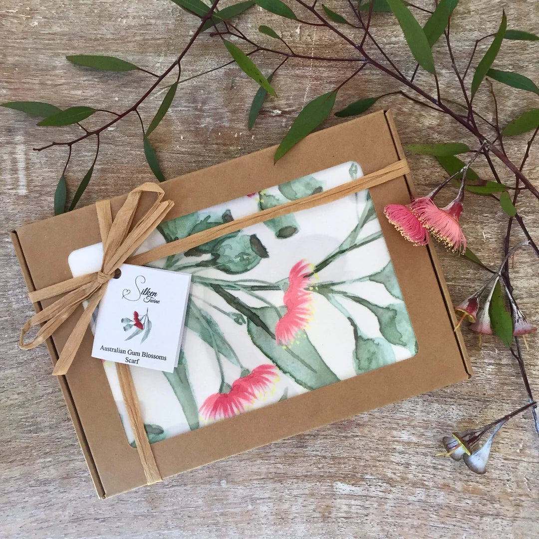 Gum Blossom White Chiffon Scarf Handmade in Australia