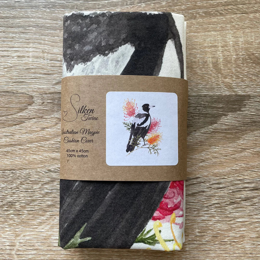 Australian Large Magpie and Grevillea Cushion Cover. Handmade in Australia