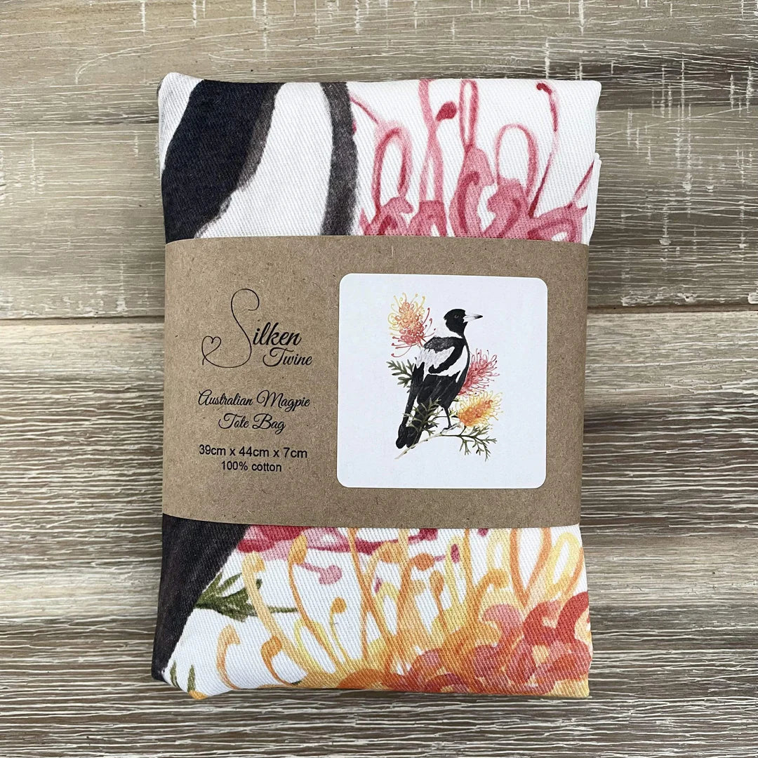Australian Magpie and Grevillea Tote Bag with black handles. Handmade in Australia