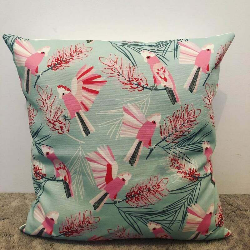 Cushion Cover Square Aqua Galah 45cmx45cm. Handmde in Australia.