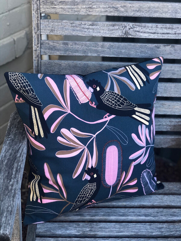 Cushion Cover Square Black Cockatoo 45cm X45cm. Handmade in Australia.