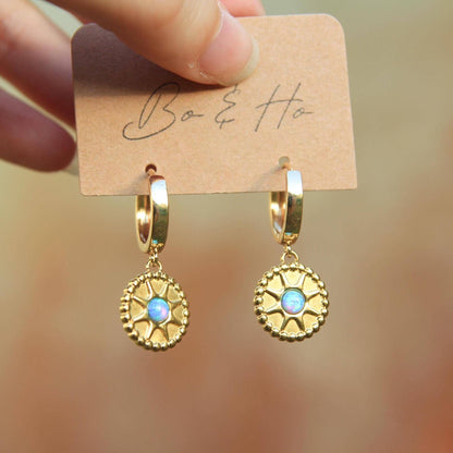 Gold Opal Sun Huggie Earrings