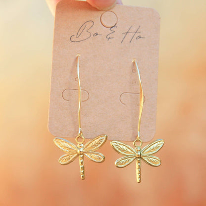 Gold Dragonfly Earrings on Long Earwires