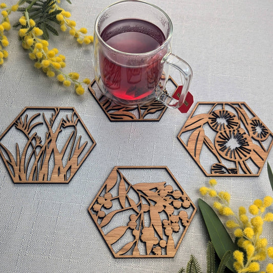 Australian Floral Wooden Coaster Set