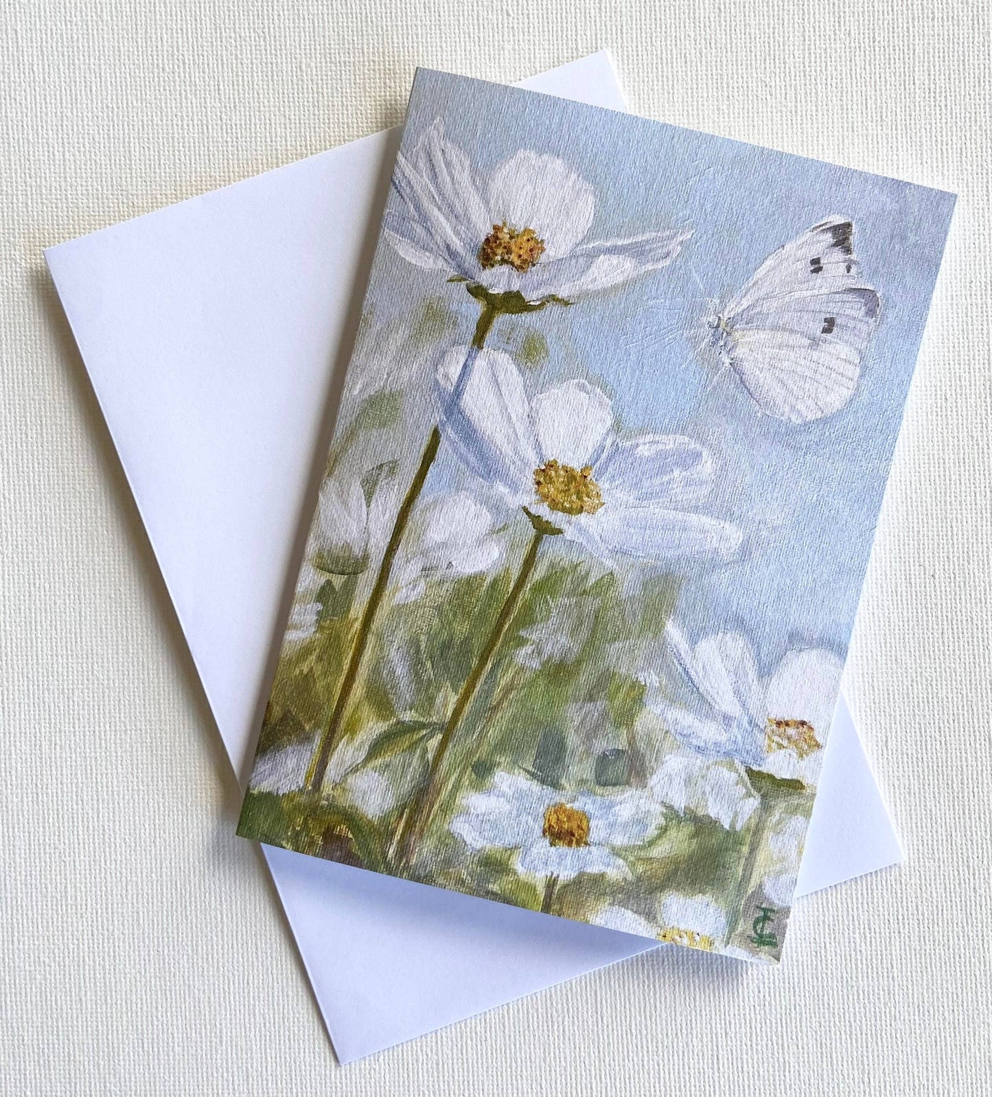 White Cosmos and Cabbage Butterfly Greeting Card