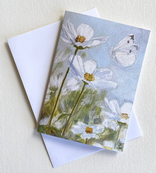 White Cosmos and Cabbage Butterfly Greeting Card