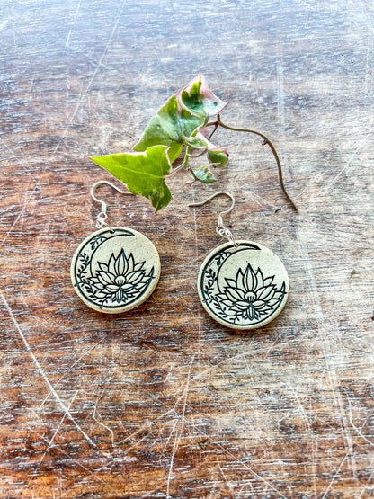 Ceramic Earrings - Boho Moon with Lotus flower