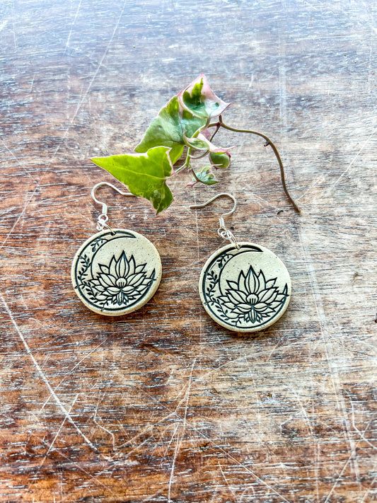 Ceramic Earrings - Boho Moon with Lotus flower