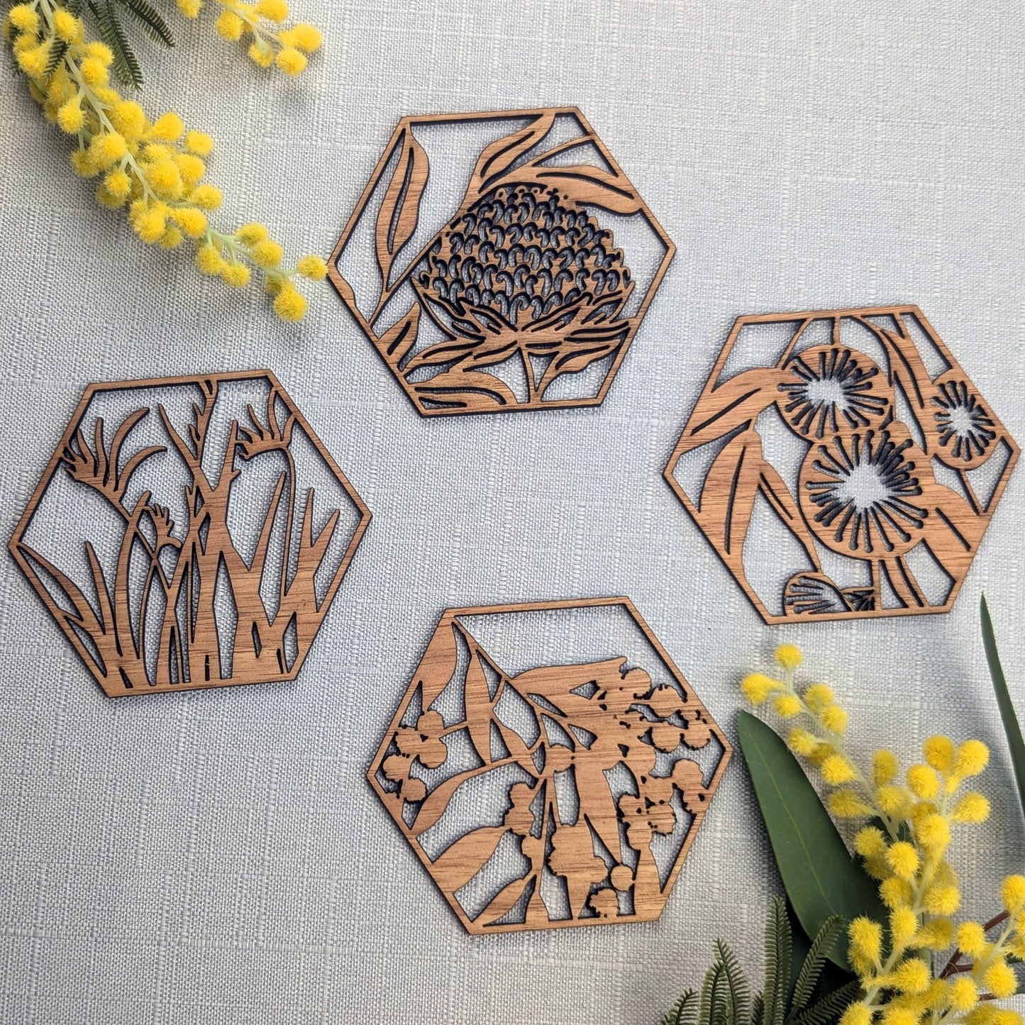 Australian Floral Wooden Coaster Set