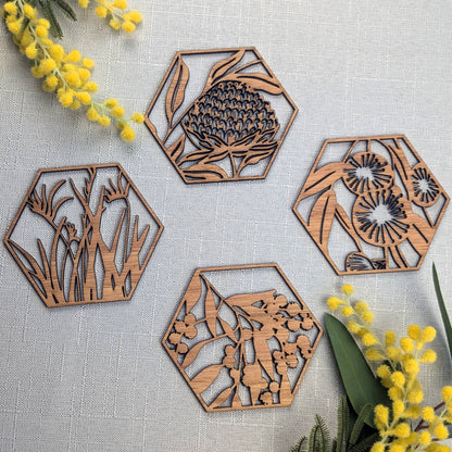 Australian Floral Wooden Coaster Set
