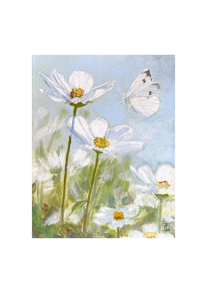 White Cosmos and Butterfly Poster Print A3