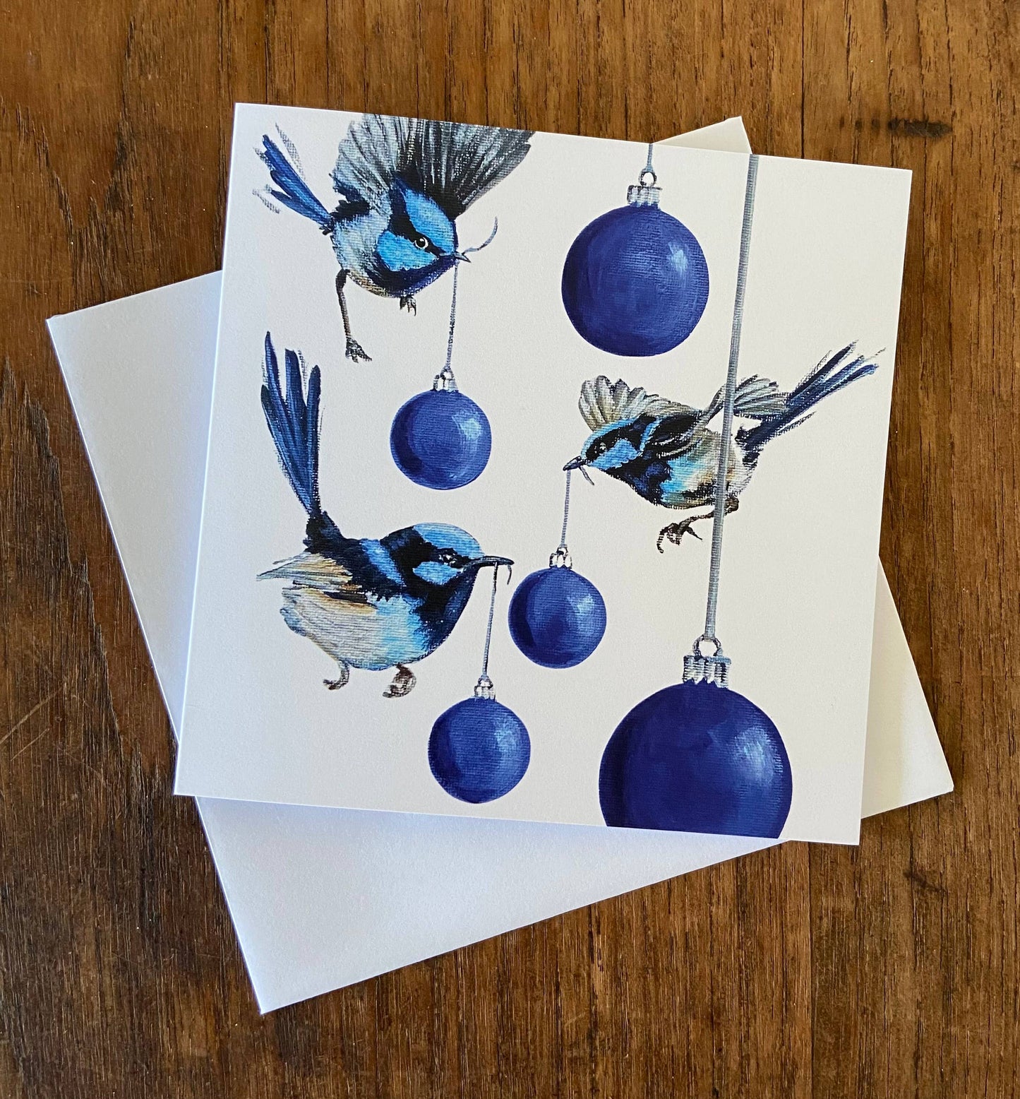 Fairy Wrens & Christmas Baubles Premium Greeting Card