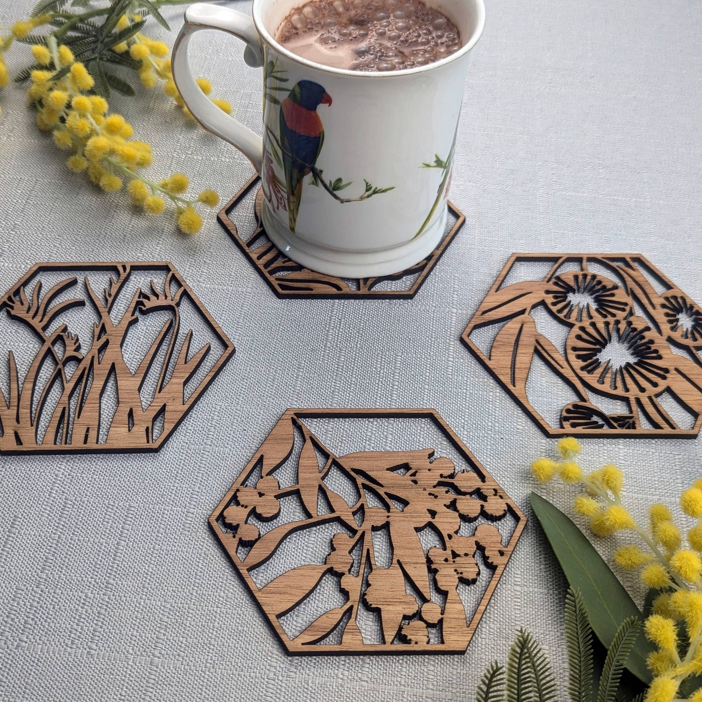 Australian Floral Wooden Coaster Set