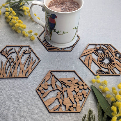 Australian Floral Wooden Coaster Set
