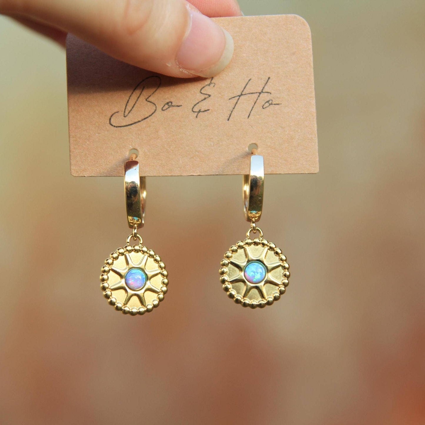 Gold Opal Sun Huggie Earrings