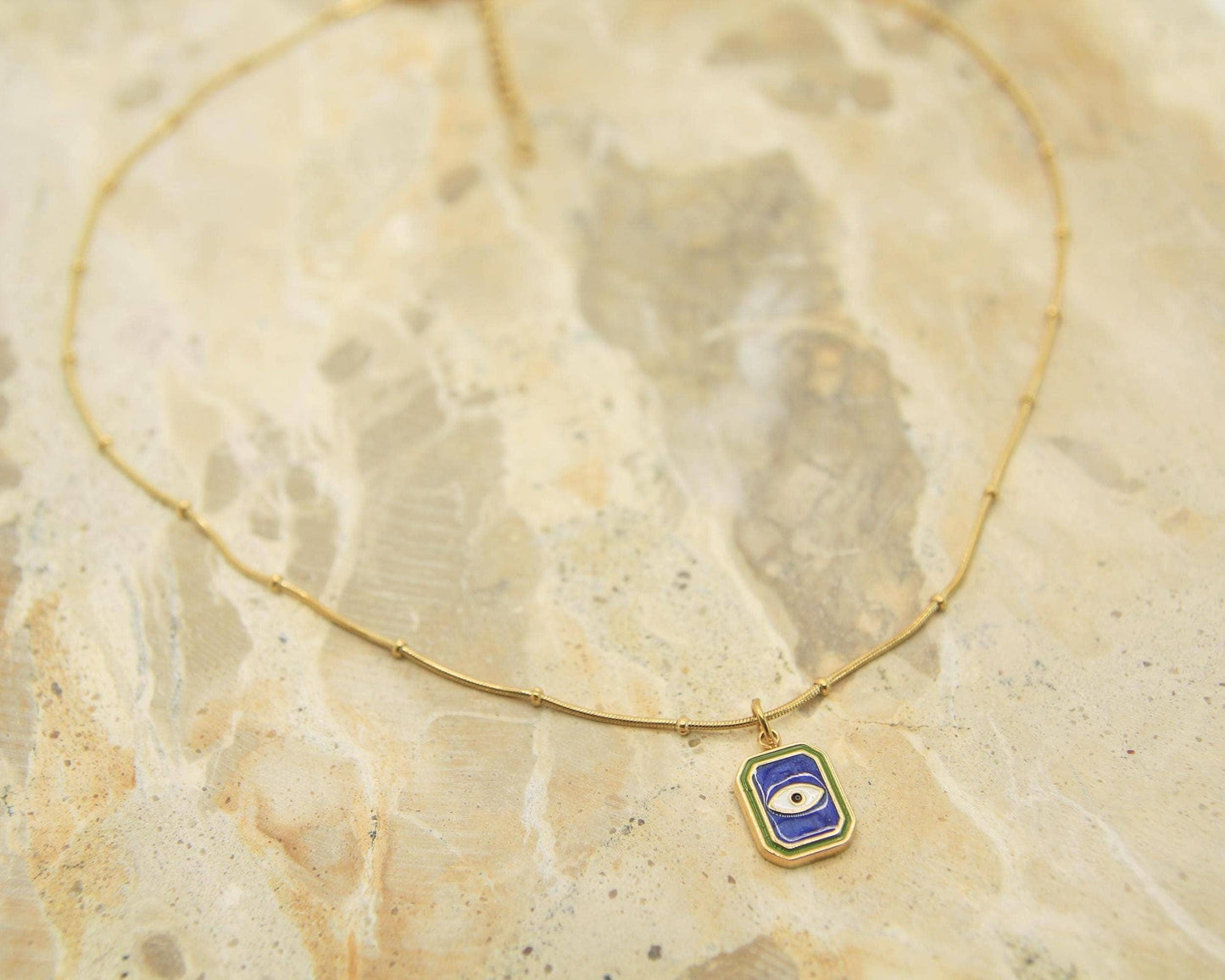 Evil Eye Necklace Gold • Blue Enamel Pendant • Satellite Chain • Waterproof Stainless Steel • Protection Necklace