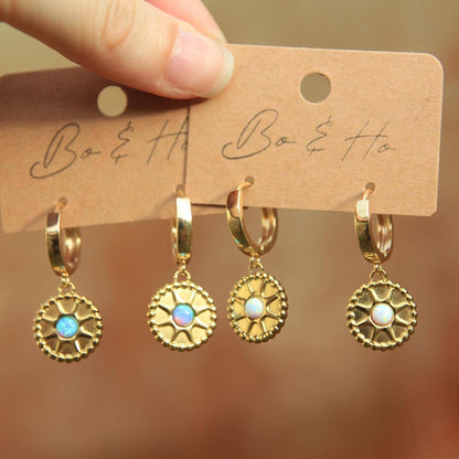 Gold Opal Sun Huggie Earrings
