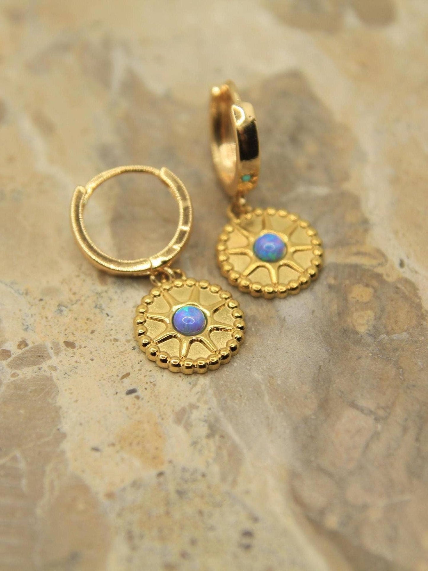 Gold Opal Sun Huggie Earrings