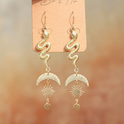 Gold Celestial Snake Earrings with Sun, Moons