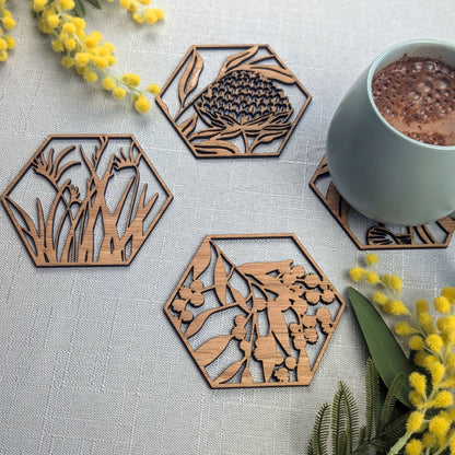 Australian Floral Wooden Coaster Set