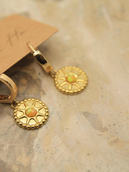 Gold Opal Sun Huggie Earrings