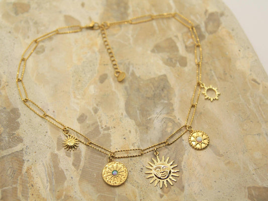 Gold Multi Charm Sun Necklace | Soleil Necklace
