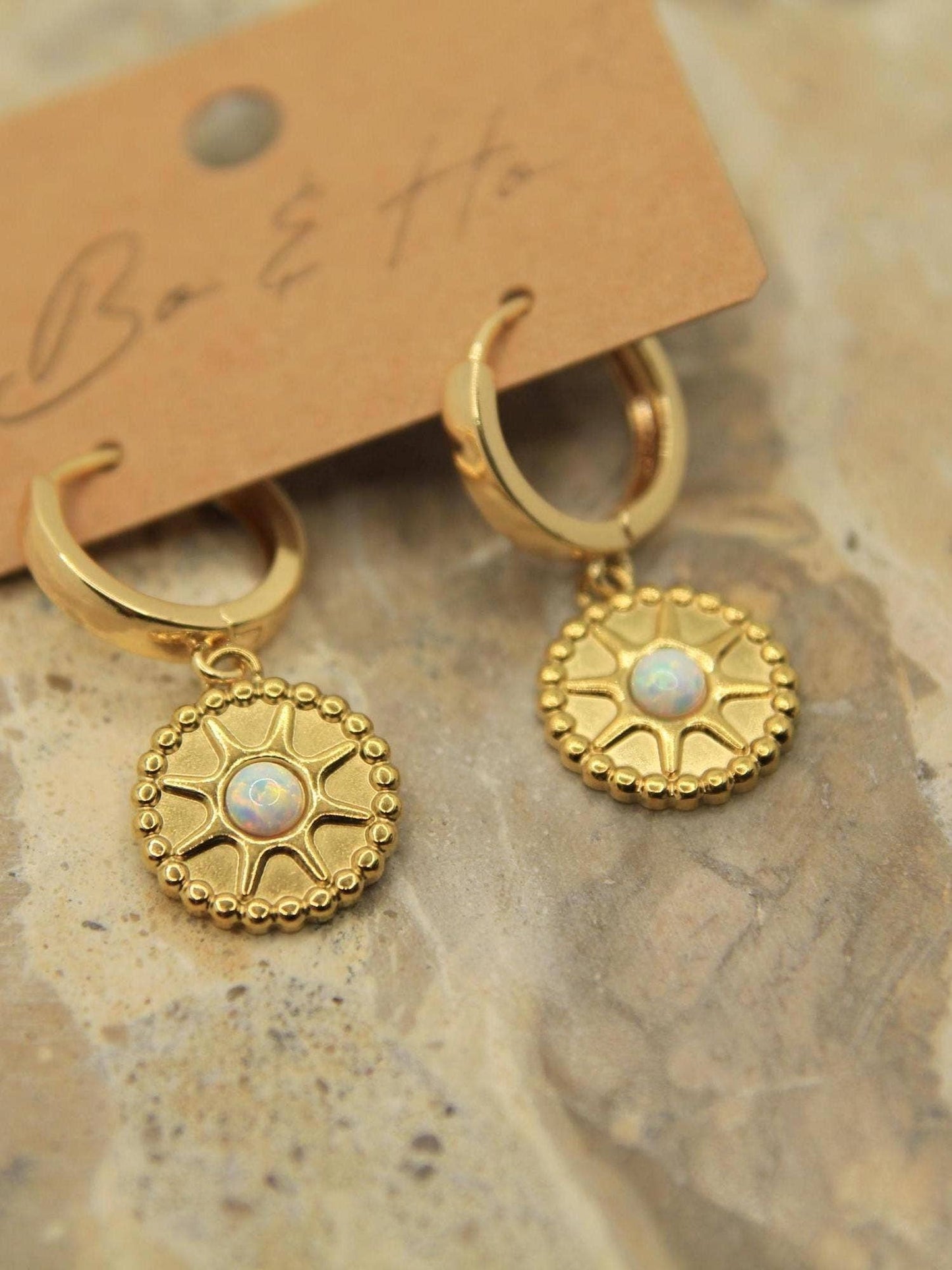 Gold Opal Sun Huggie Earrings