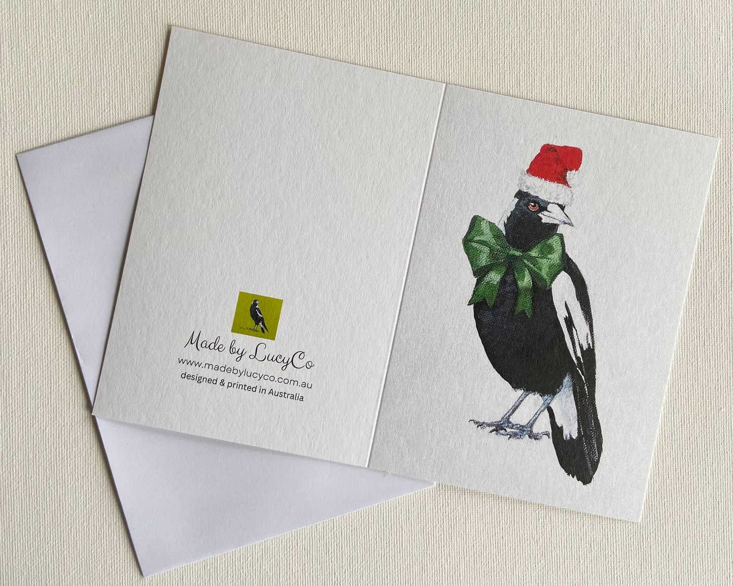 Christmas Magpie with Green Bow Greeting Card