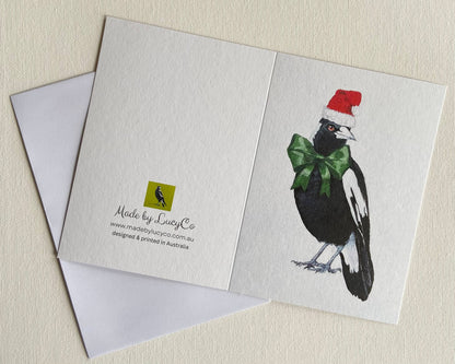 Christmas Magpie with Green Bow Greeting Card