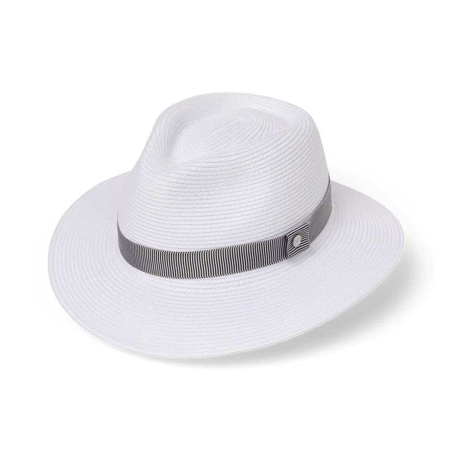 DEBORAH HUTTON CANOPY BAY WHITE/NAVY SAWGRASS GOLF FEDORA HAT. HANDMADE IN AUSTRALIA