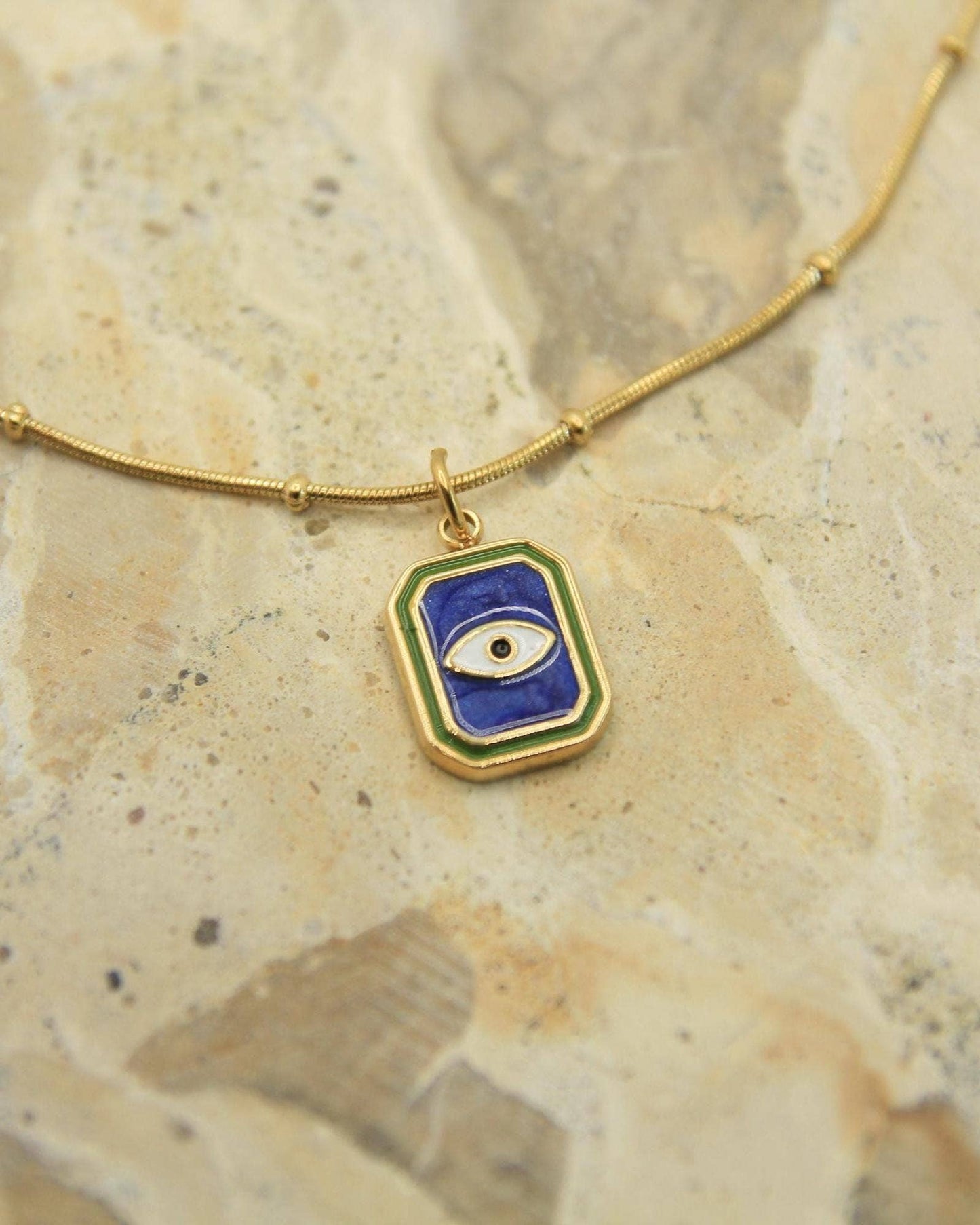 Evil Eye Necklace Gold • Blue Enamel Pendant • Satellite Chain • Waterproof Stainless Steel • Protection Necklace