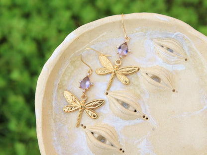 Gold Dragonfly Crystal Earrings
