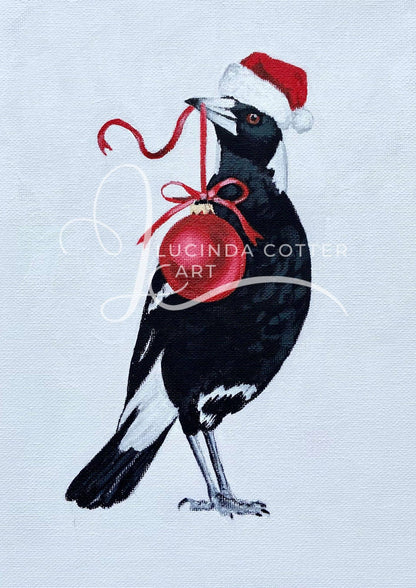 Christmas Magpie with Bauble Greeting Card