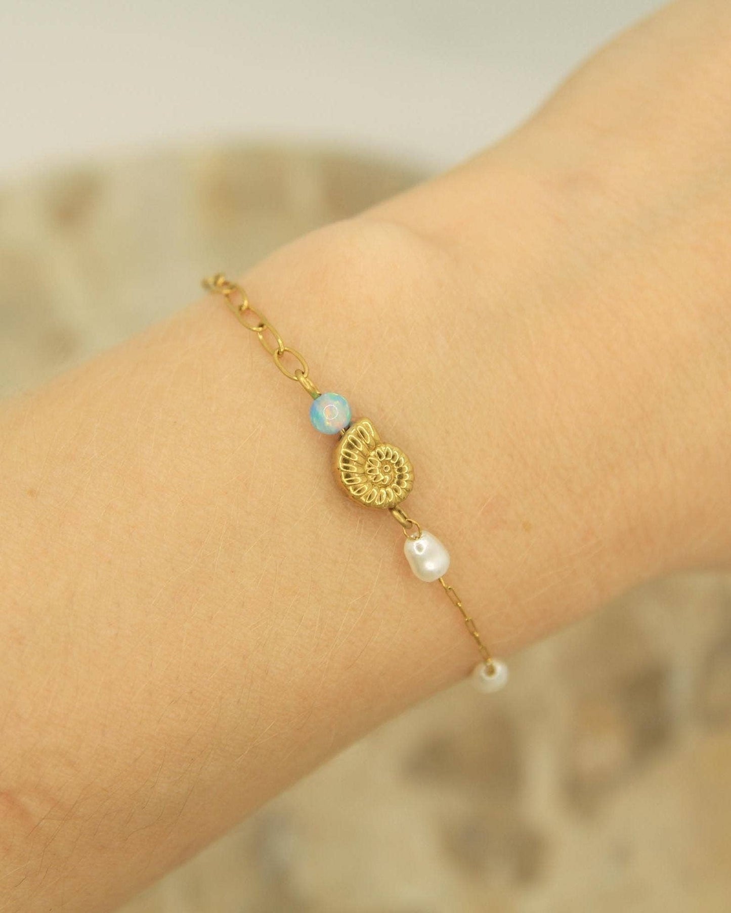 Opal Pearl Shell Bracelet Gold • Nautilus Charm • Stainless Steel • Coastal Dainty Bracelet