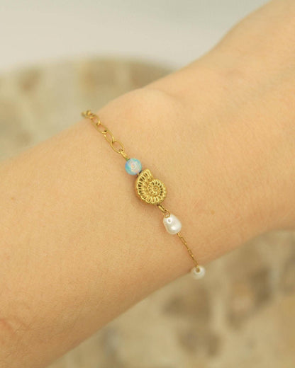 Opal Pearl Shell Bracelet Gold • Nautilus Charm • Stainless Steel • Coastal Dainty Bracelet