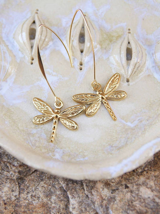 Gold Dragonfly Earrings on Long Earwires