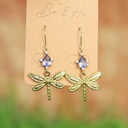 Gold Dragonfly Crystal Earrings