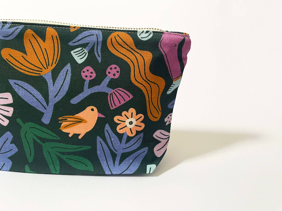 Handmade Make-up, Travel, Fabric Zip Purse - Frolic (Dark)