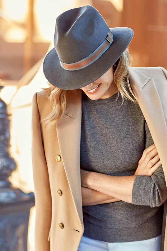 DEBORAH HUTTON CANOPY BAY Ashford Felt Fedora Hat, Dark Grey. Handmade in Australia