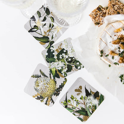 Bell Art White Collection Drink Coasters. Handmade in Australia